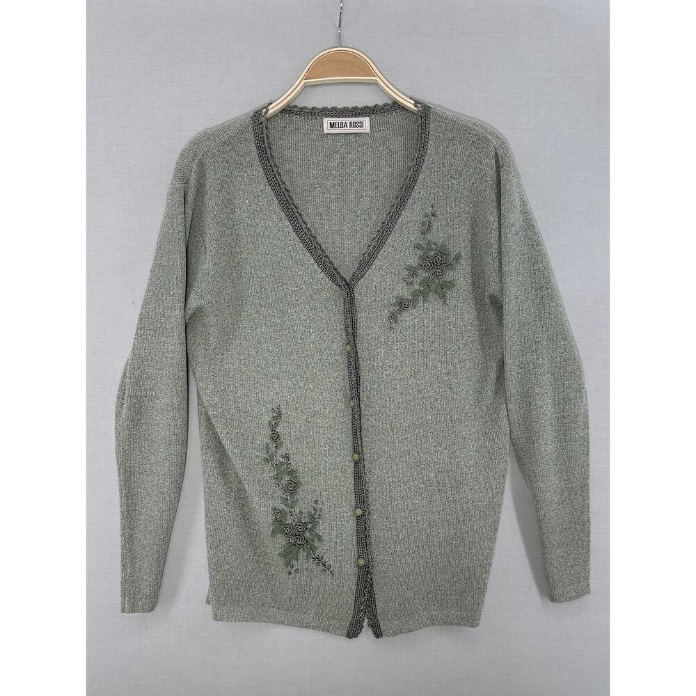 Sage Embroidered Floral Cardigan Cottagecore Boho Knit Sweater